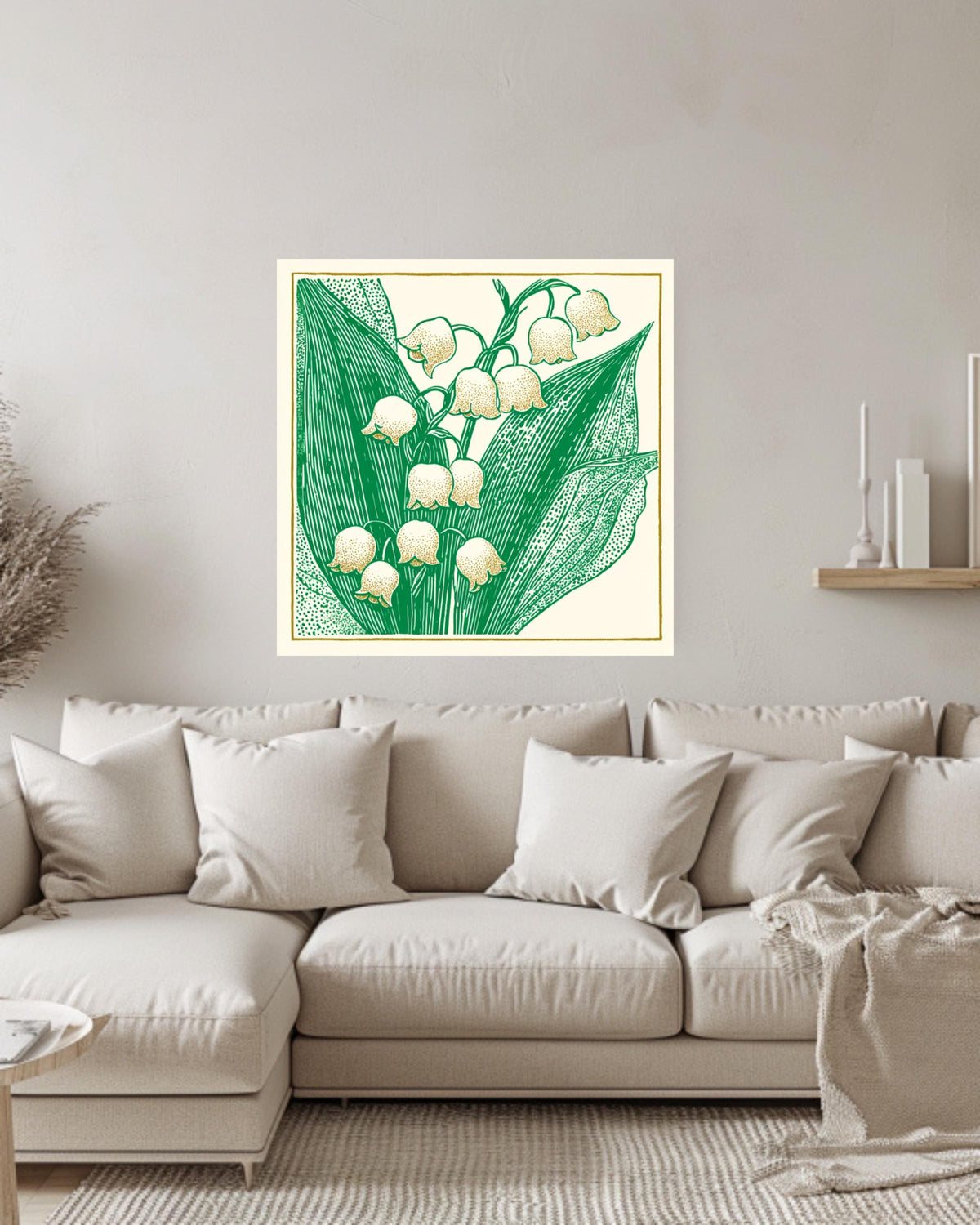 Lily of the Valley Woodcut Canvas, Minimalist Floral Wall Art, Don Blanding Style Botanical Print, Beige and Green Nature Decor