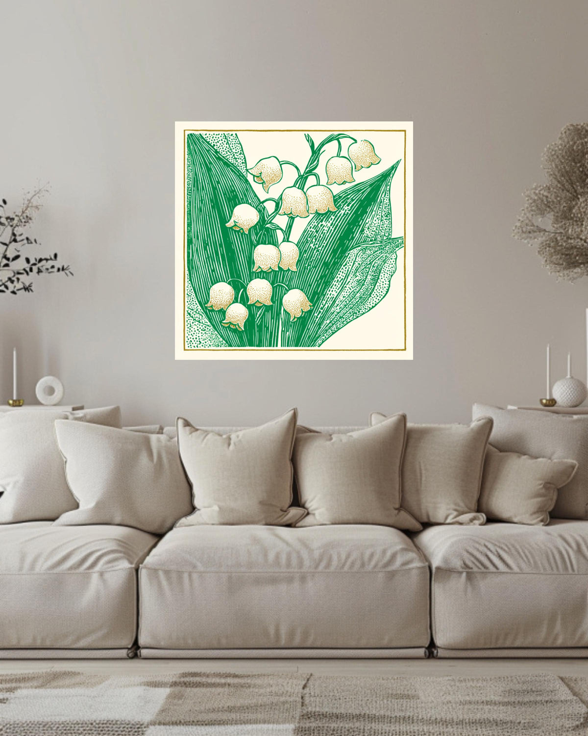 Lily of the Valley Woodcut Canvas, Minimalist Floral Wall Art, Don Blanding Style Botanical Print, Beige and Green Nature Decor