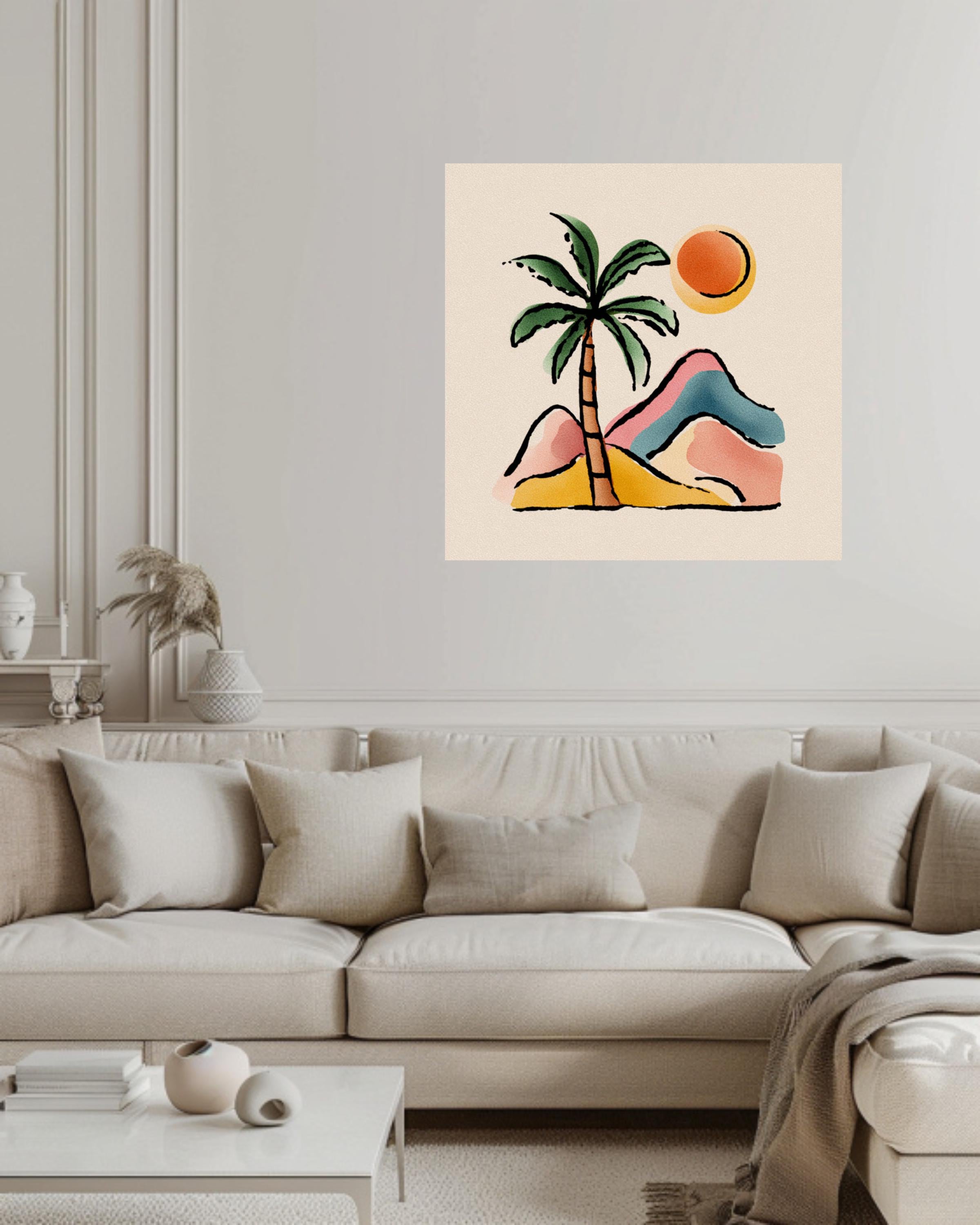 Abstract Palm Tree and Mountains Canvas, Boho Style Pastel Wall Art, Minimalist Nature Illustration, Beige Background Modern Decor