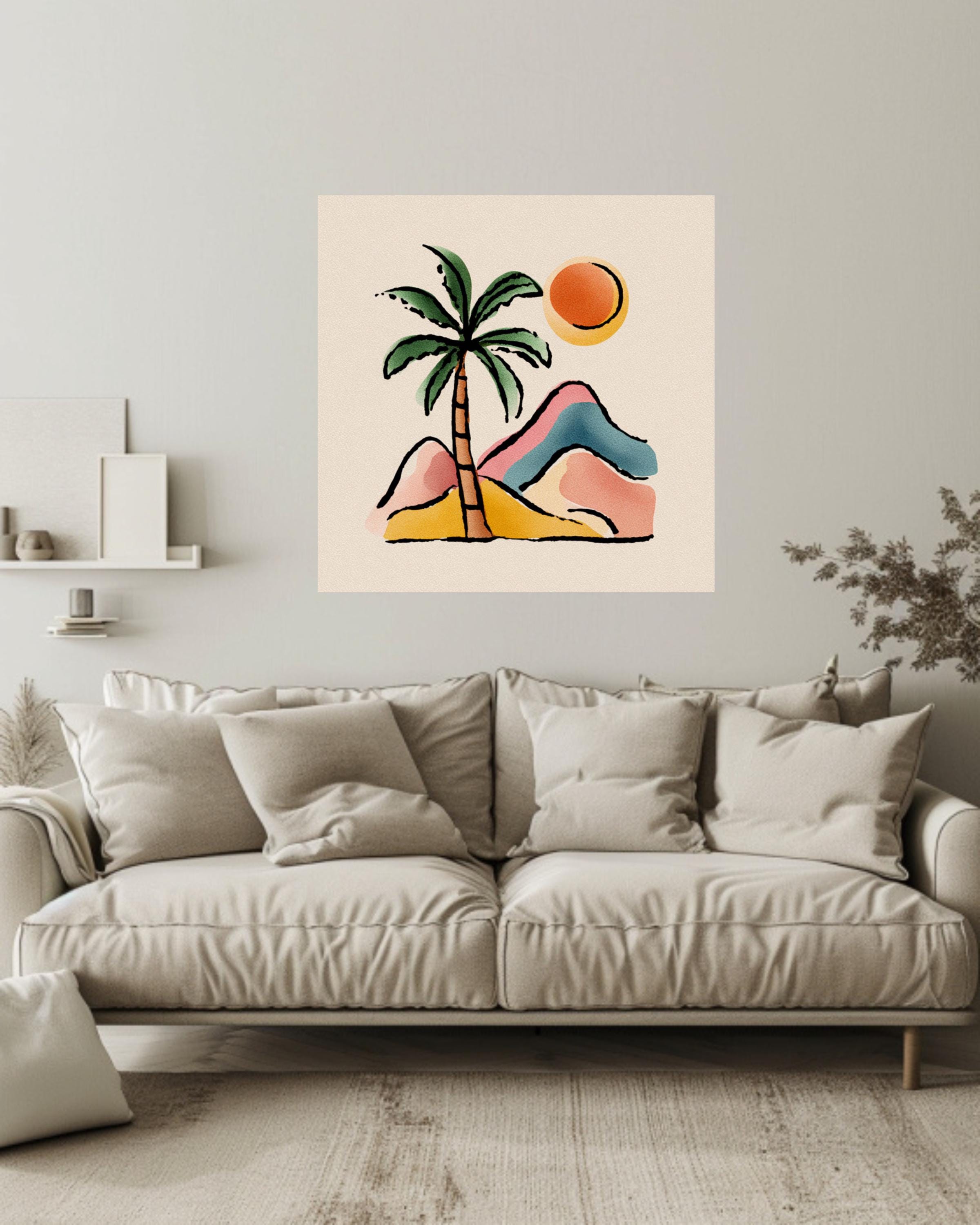 Abstract Palm Tree and Mountains Canvas, Boho Style Pastel Wall Art, Minimalist Nature Illustration, Beige Background Modern Decor