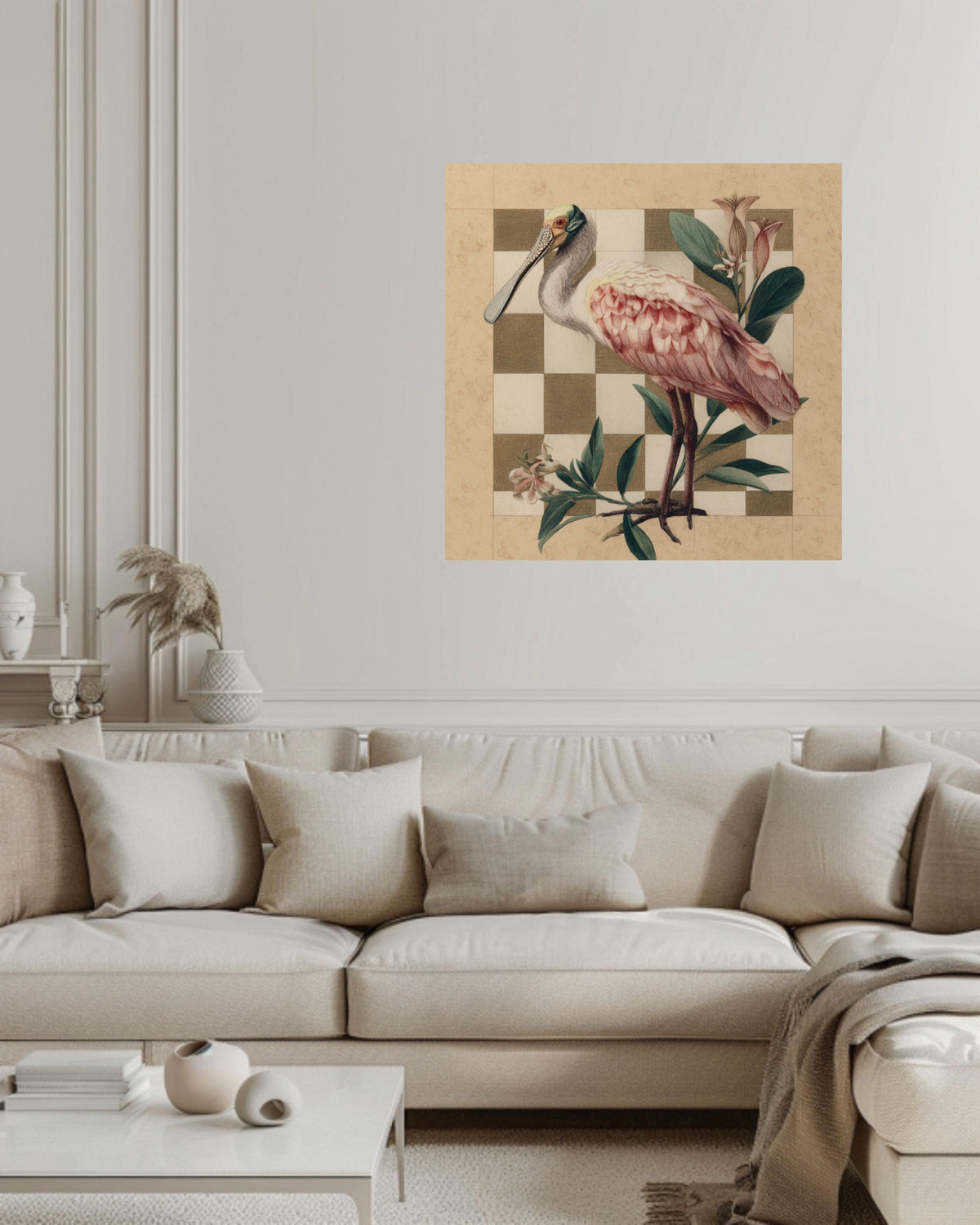 Roseate Spoonbill Colored Pencil Canvas, Audubon Matisse Style Bird Art, Earthy Toned Illustration, Flat Background Framed Wall Art