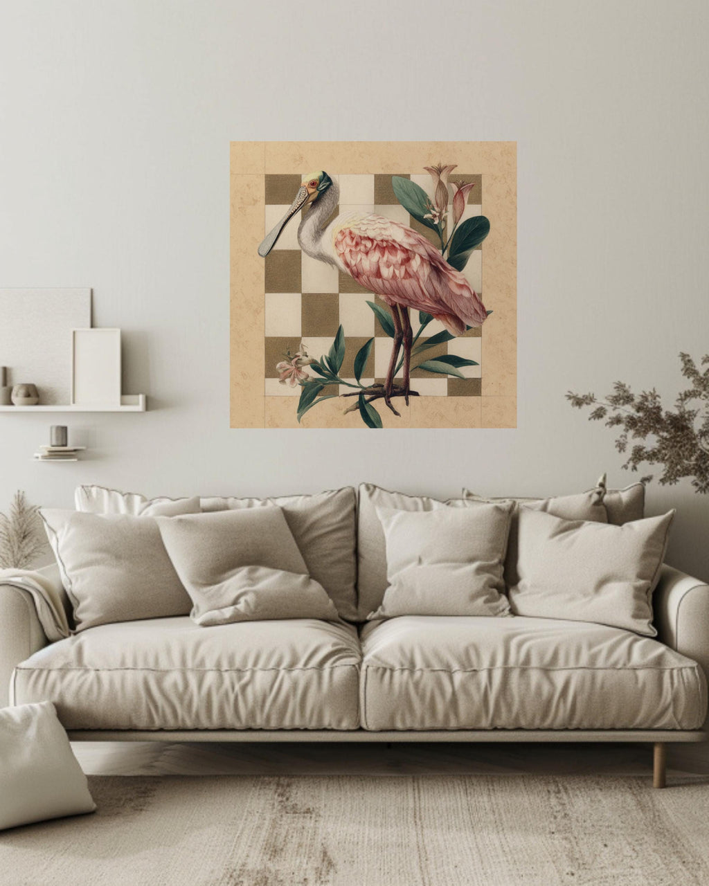 Roseate Spoonbill Colored Pencil Canvas, Audubon Matisse Style Bird Art, Earthy Toned Illustration, Flat Background Framed Wall Art