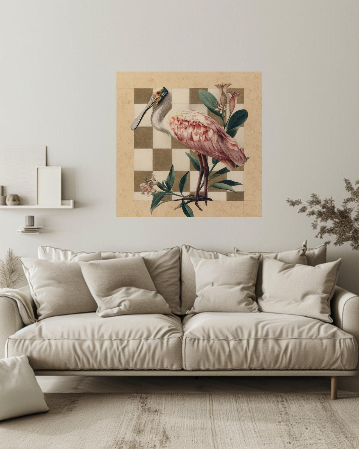 Roseate Spoonbill Colored Pencil Canvas, Audubon Matisse Style Bird Art, Earthy Toned Illustration, Flat Background Framed Wall Art