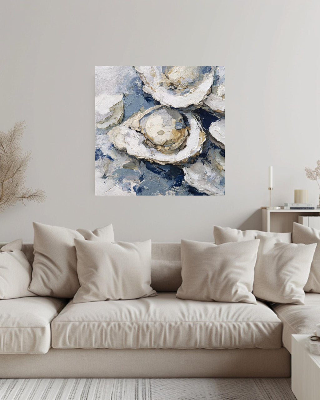 Oyster Oil Painting Canvas, Vintage Seafood Wall Art, Detailed Oyster Bed Illustration, Soft Tones Blue Gray Framed Artwork