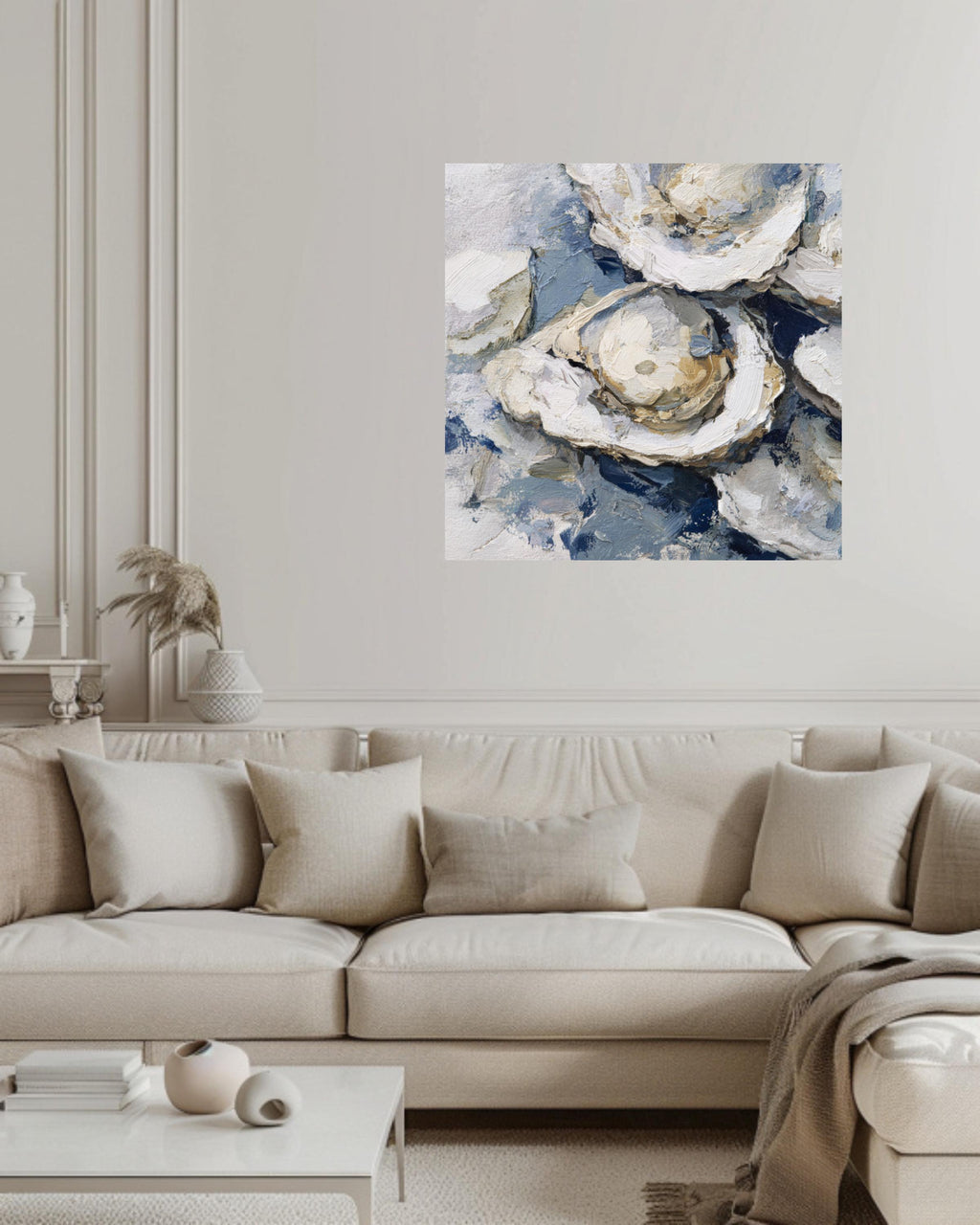 Oyster Oil Painting Canvas, Vintage Seafood Wall Art, Detailed Oyster Bed Illustration, Soft Tones Blue Gray Framed Artwork