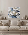 Oyster Oil Painting Canvas, Vintage Seafood Wall Art, Detailed Oyster Bed Illustration, Soft Tones Blue Gray Framed Artwork