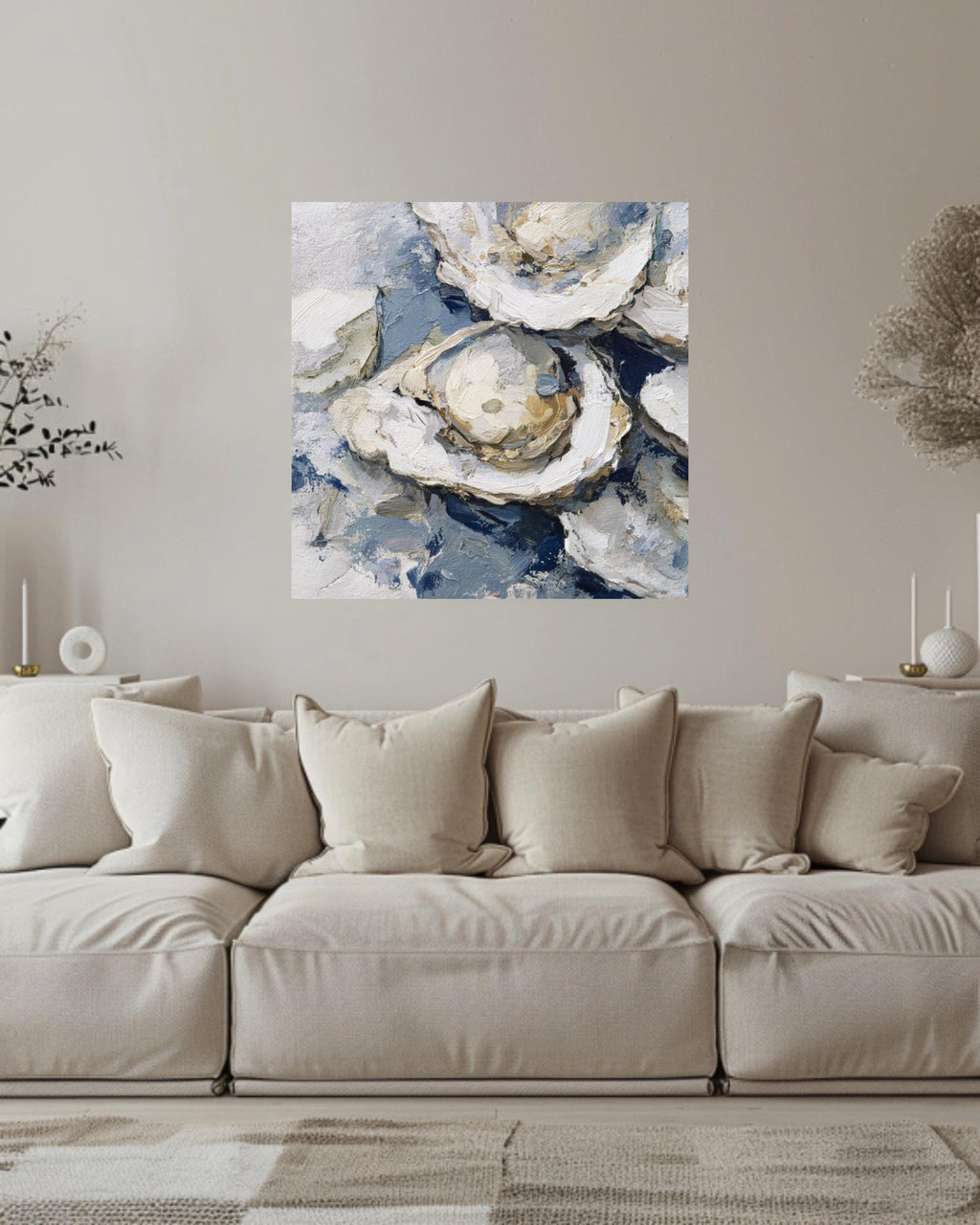 Oyster Oil Painting Canvas, Vintage Seafood Wall Art, Detailed Oyster Bed Illustration, Soft Tones Blue Gray Framed Artwork