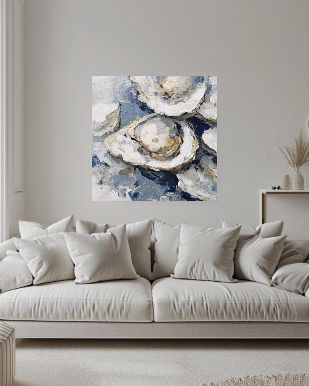 Oyster Oil Painting Canvas, Vintage Seafood Wall Art, Detailed Oyster Bed Illustration, Soft Tones Blue Gray Framed Artwork