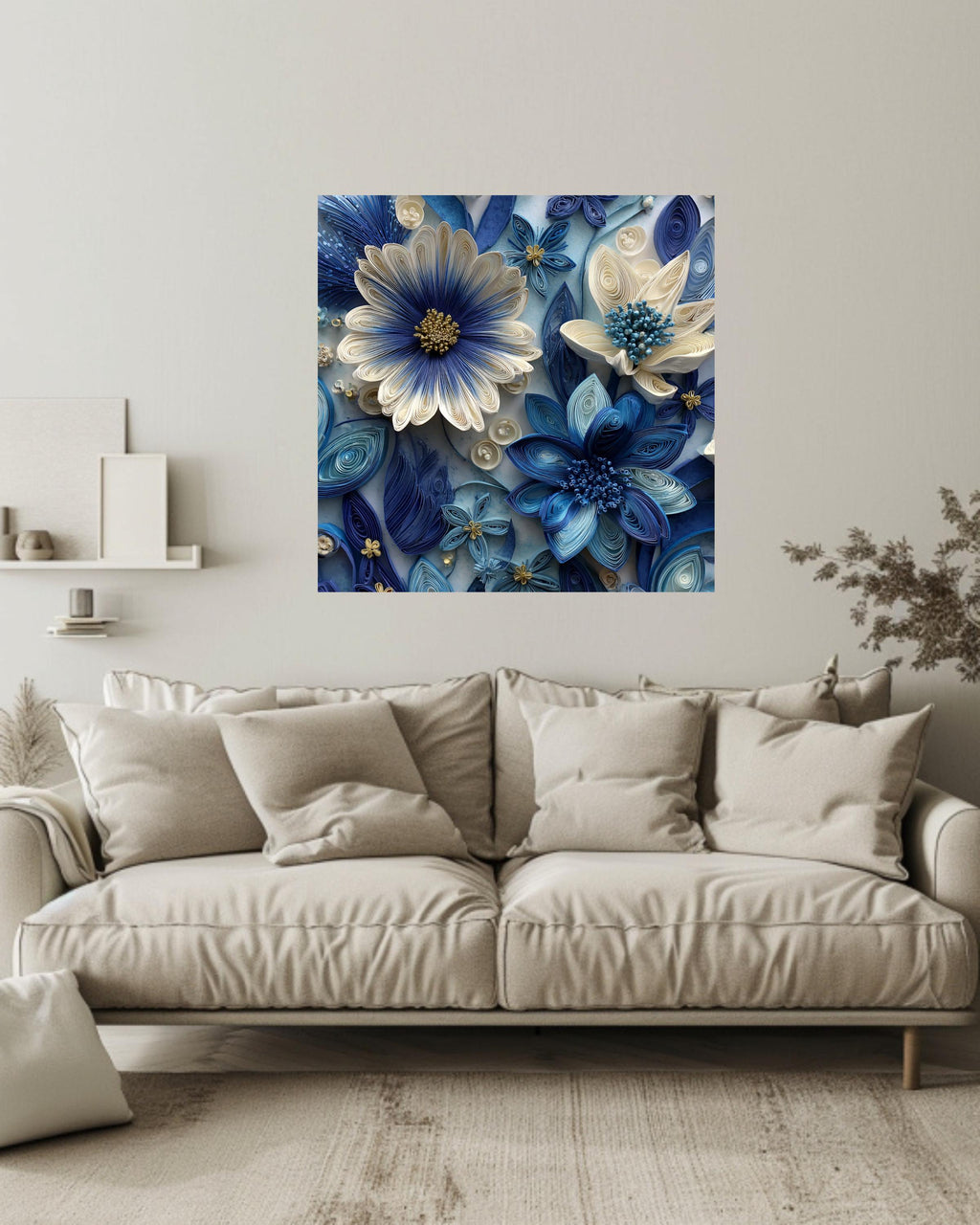 Blue and White Paper Quilling Flowers Canvas, Intricate Floral Art, Handmade 3D Wall Decor, Modern Botanical Framed Artwork