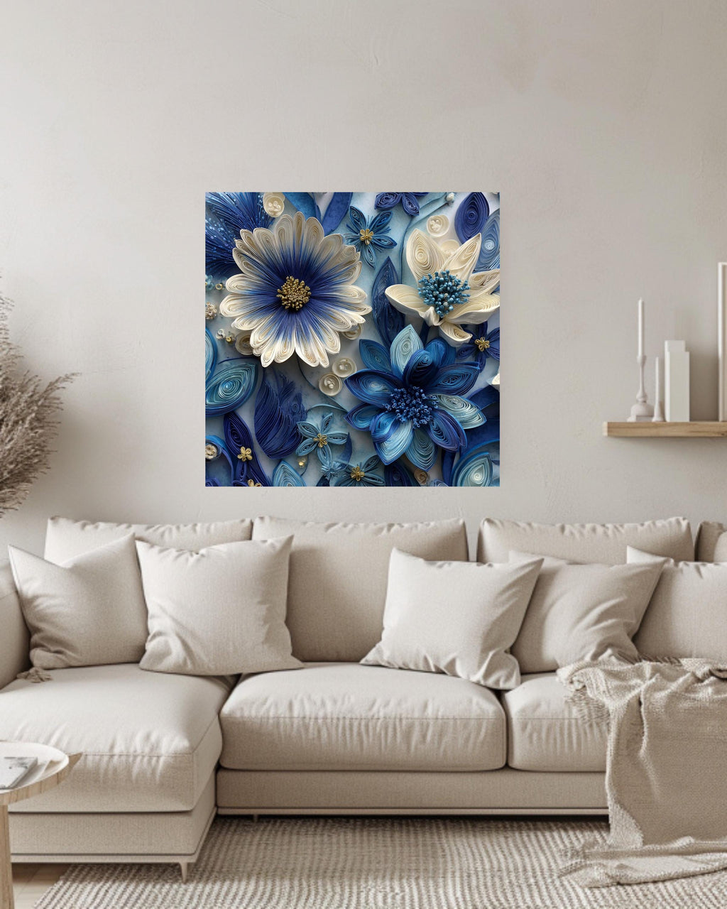 Blue and White Paper Quilling Flowers Canvas, Intricate Floral Art, Handmade 3D Wall Decor, Modern Botanical Framed Artwork