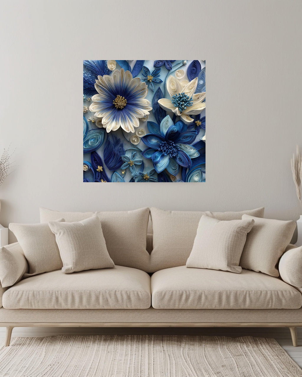 Blue and White Paper Quilling Flowers Canvas, Intricate Floral Art, Handmade 3D Wall Decor, Modern Botanical Framed Artwork
