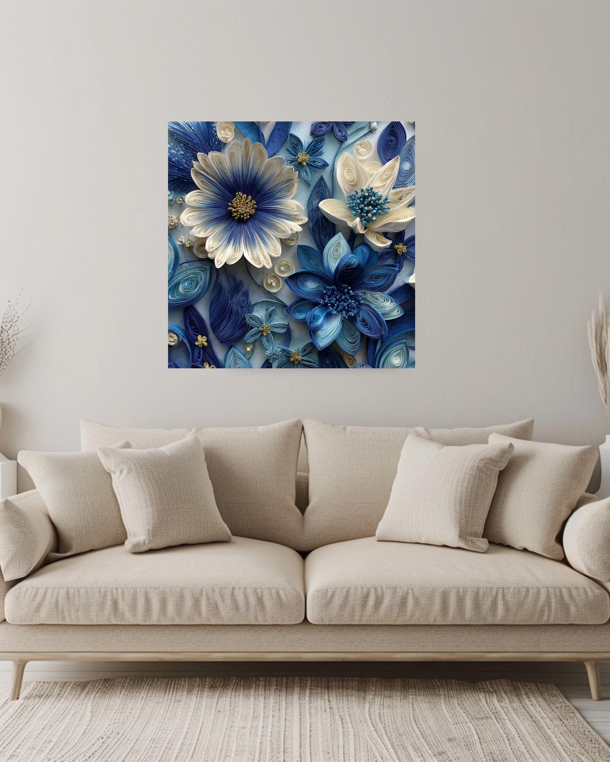 Blue and White Paper Quilling Flowers Canvas, Intricate Floral Art, Handmade 3D Wall Decor, Modern Botanical Framed Artwork
