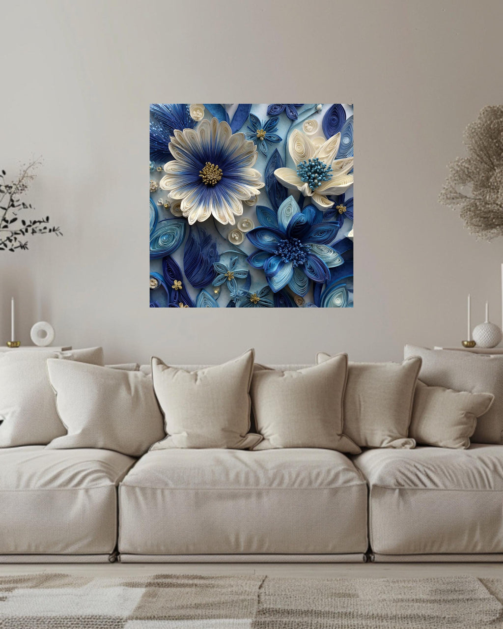 Blue and White Paper Quilling Flowers Canvas, Intricate Floral Art, Handmade 3D Wall Decor, Modern Botanical Framed Artwork