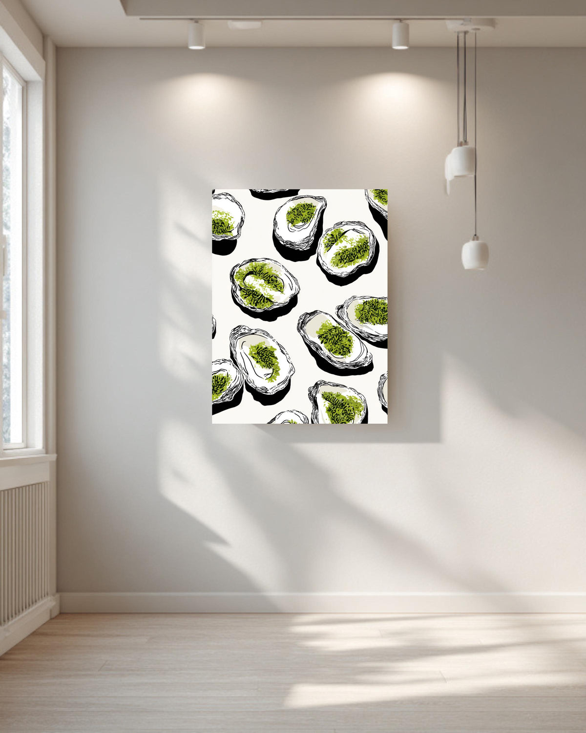 Black Oyster Tray Illustration Canvas, White Oysters with Green Moss, Minimalist Coastal Art, Bold Line Seafood Wall Decor