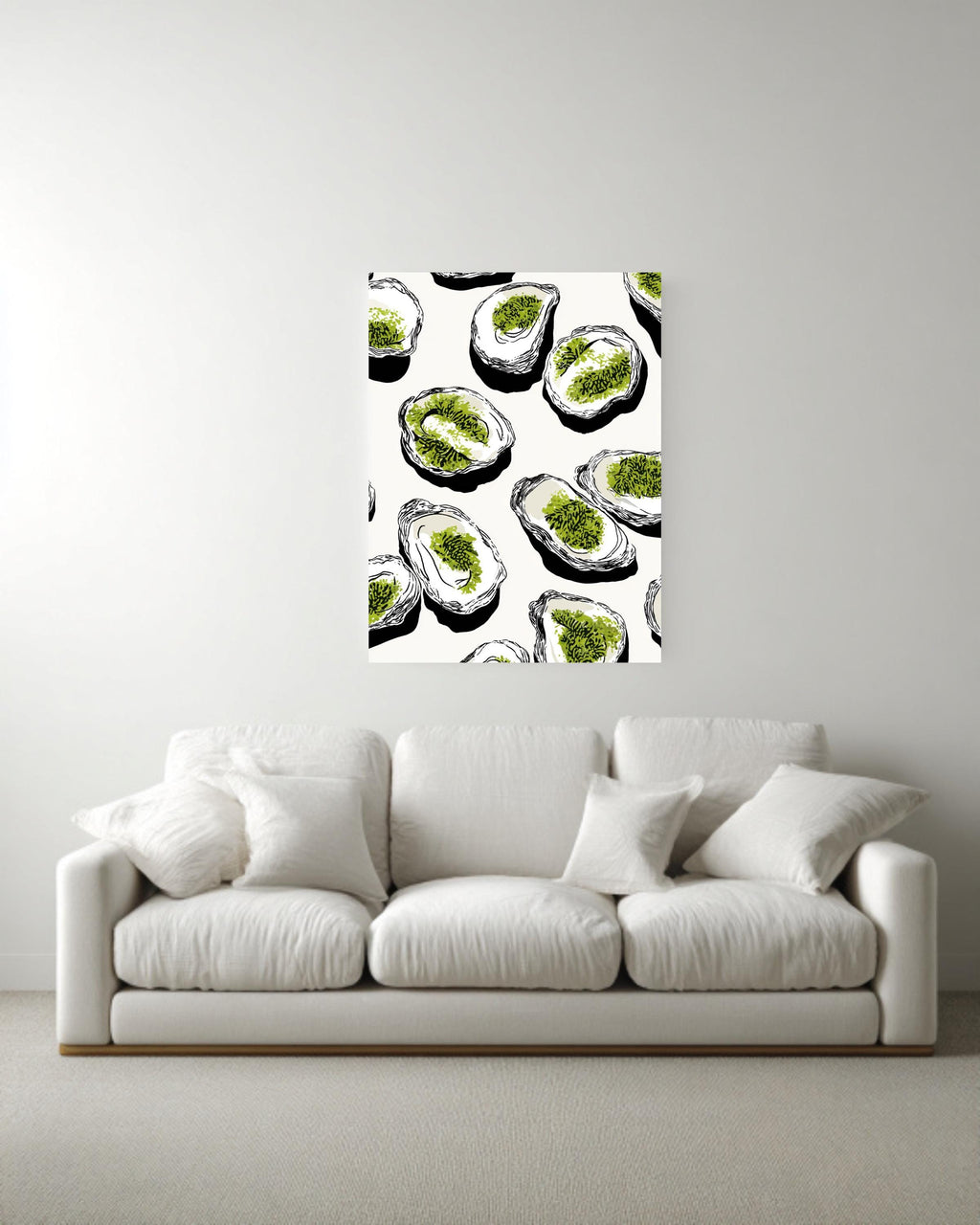 Black Oyster Tray Illustration Canvas, White Oysters with Green Moss, Minimalist Coastal Art, Bold Line Seafood Wall Decor