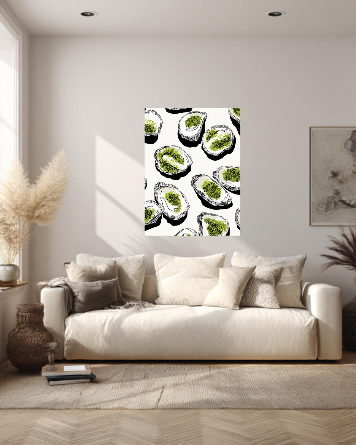 Black Oyster Tray Illustration Canvas, White Oysters with Green Moss, Minimalist Coastal Art, Bold Line Seafood Wall Decor