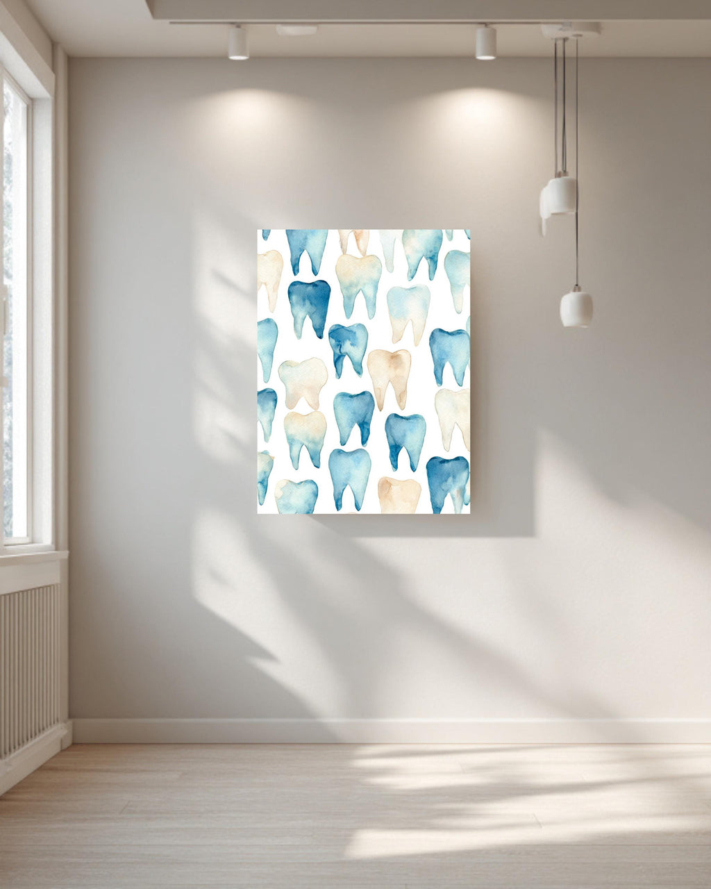 Watercolor Teeth Pattern Canvas, Simple Clean Dental Illustration, Blue and Beige Minimal Wall Art, Modern White Background Decor