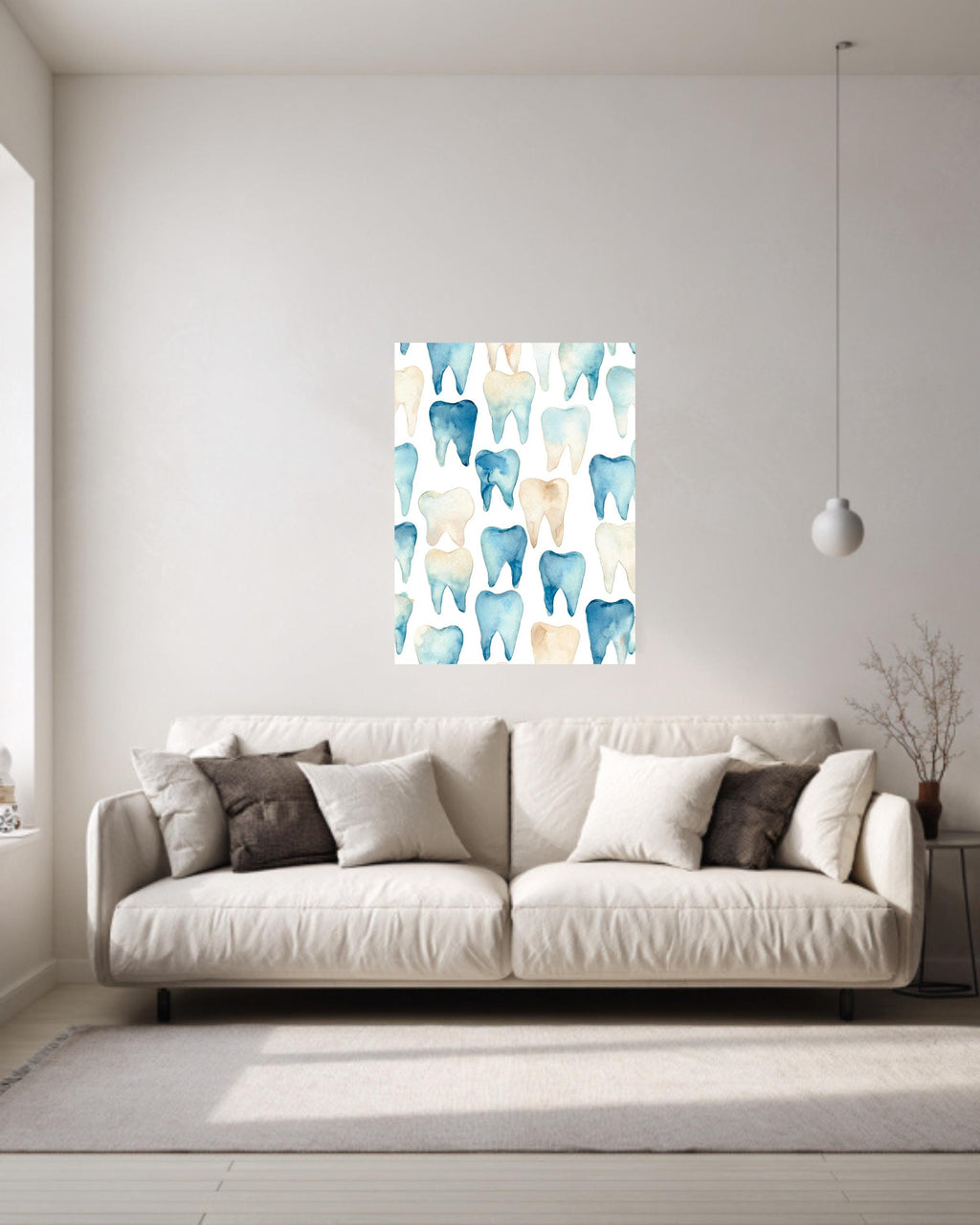 Watercolor Teeth Pattern Canvas, Simple Clean Dental Illustration, Blue and Beige Minimal Wall Art, Modern White Background Decor
