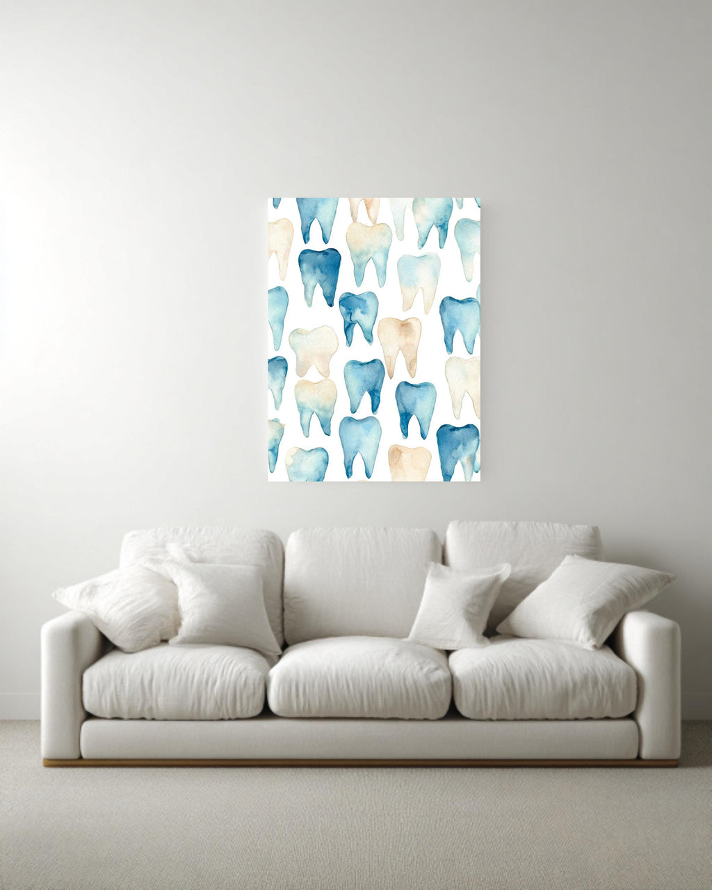 Watercolor Teeth Pattern Canvas, Simple Clean Dental Illustration, Blue and Beige Minimal Wall Art, Modern White Background Decor