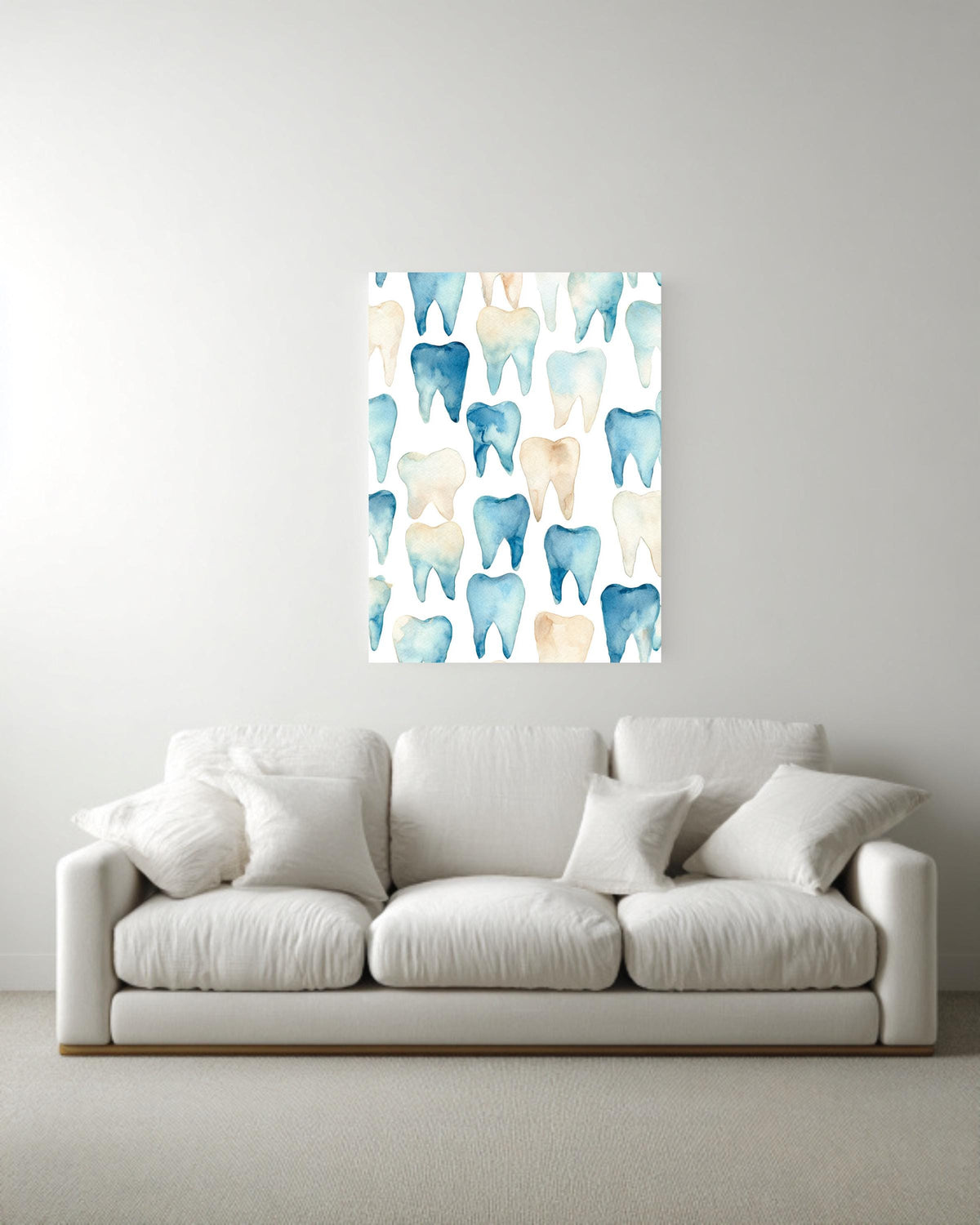 Watercolor Teeth Pattern Canvas, Simple Clean Dental Illustration, Blue and Beige Minimal Wall Art, Modern White Background Decor