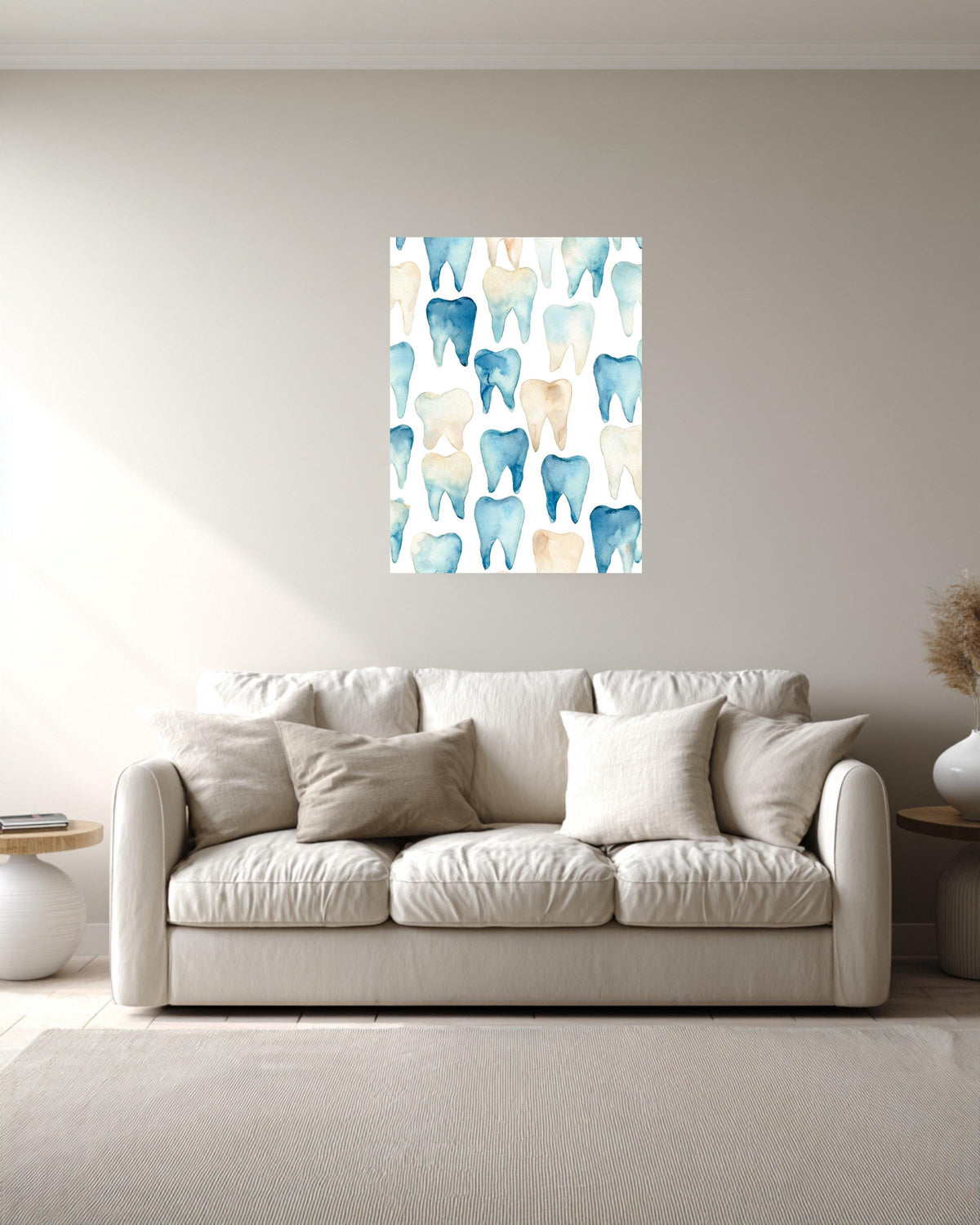 Watercolor Teeth Pattern Canvas, Simple Clean Dental Illustration, Blue and Beige Minimal Wall Art, Modern White Background Decor