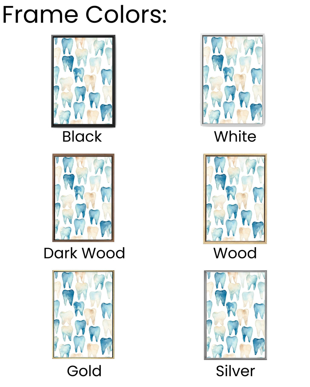 Watercolor Teeth Pattern Canvas, Simple Clean Dental Illustration, Blue and Beige Minimal Wall Art, Modern White Background Decor