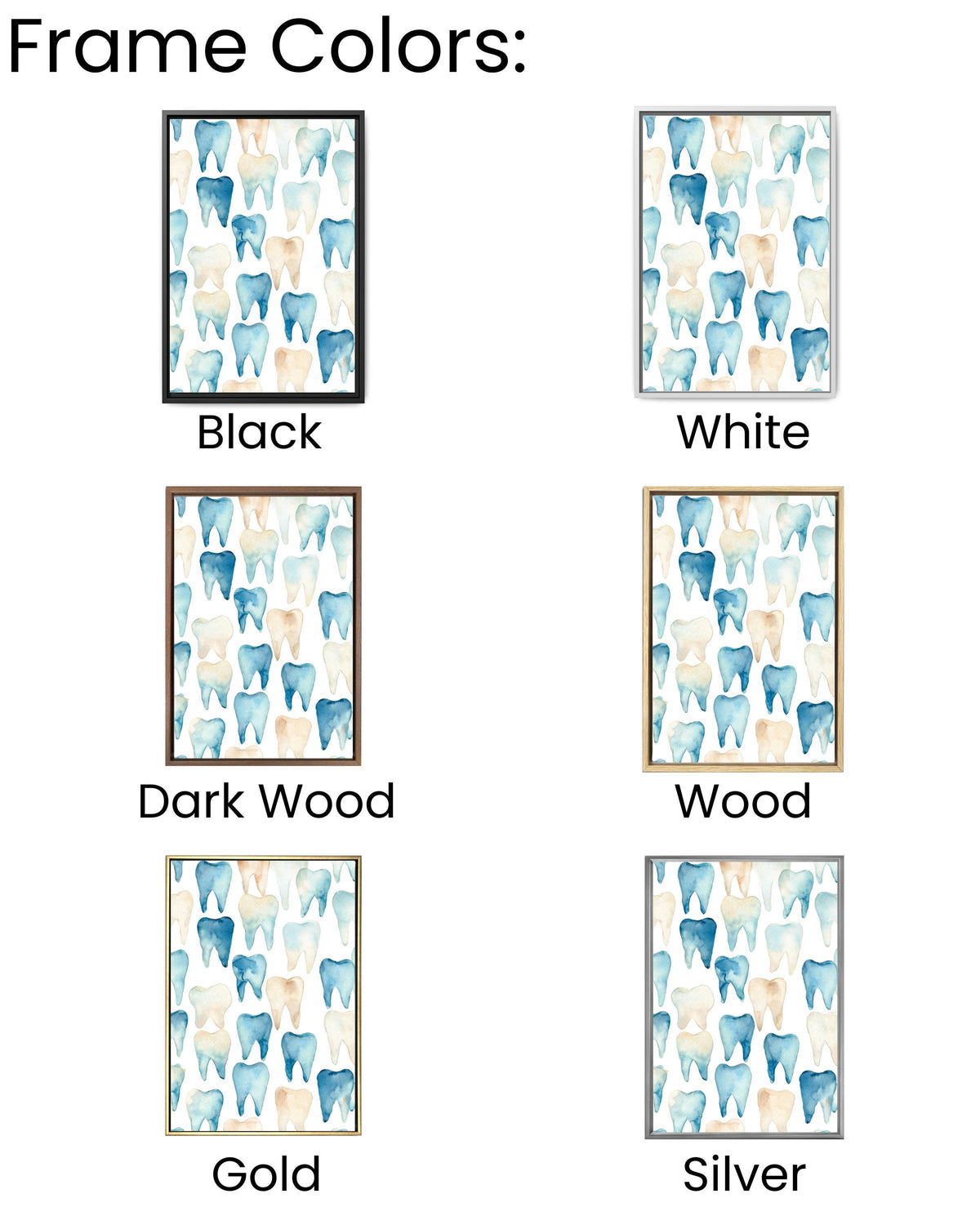 Watercolor Teeth Pattern Canvas, Simple Clean Dental Illustration, Blue and Beige Minimal Wall Art, Modern White Background Decor