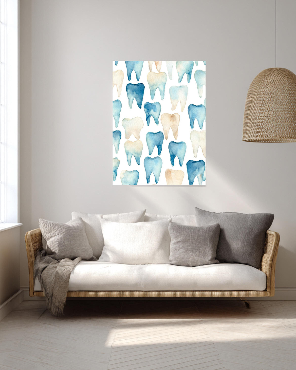 Watercolor Teeth Pattern Canvas, Simple Clean Dental Illustration, Blue and Beige Minimal Wall Art, Modern White Background Decor