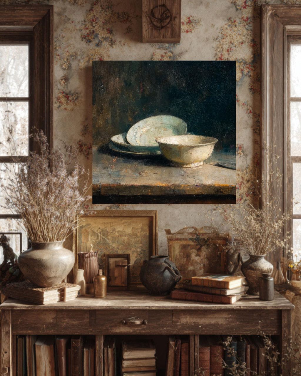 Vintage Still Life Oil Painting on Canvas, Dark Academia Kitchen Art