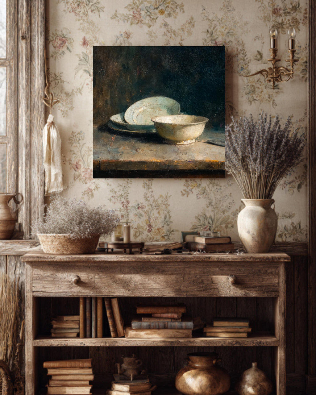 Vintage Still Life Oil Painting on Canvas, Dark Academia Kitchen Art