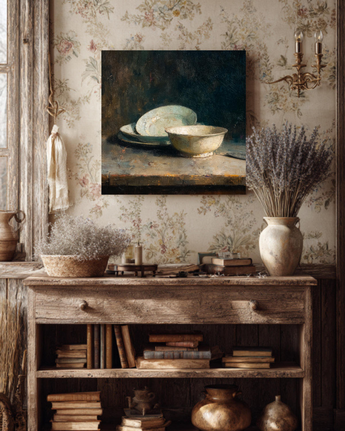 Vintage Still Life Oil Painting on Canvas, Dark Academia Kitchen Art