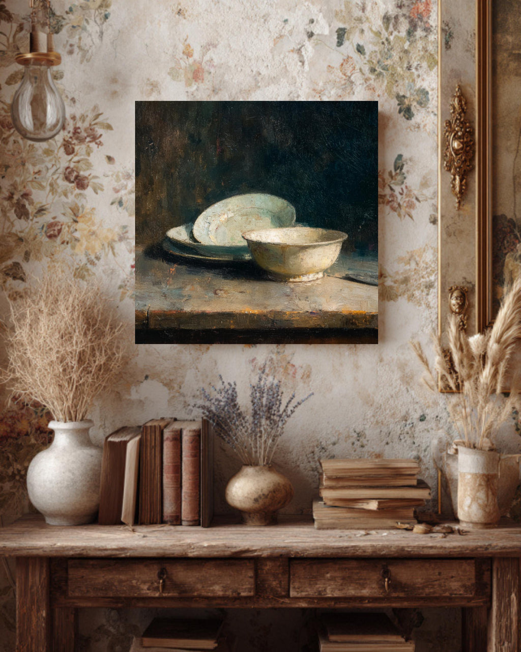 Vintage Still Life Oil Painting on Canvas, Dark Academia Kitchen Art