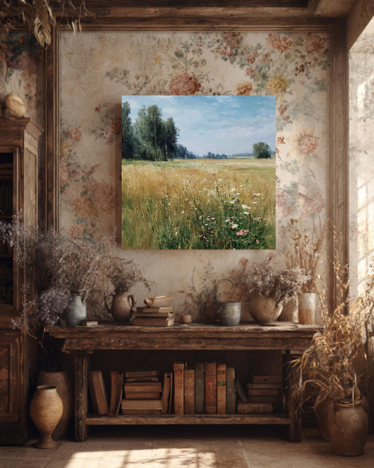 Impressionist Wildflower Meadow Canvas, Sunny Countryside Landscape, Framed Wall Art