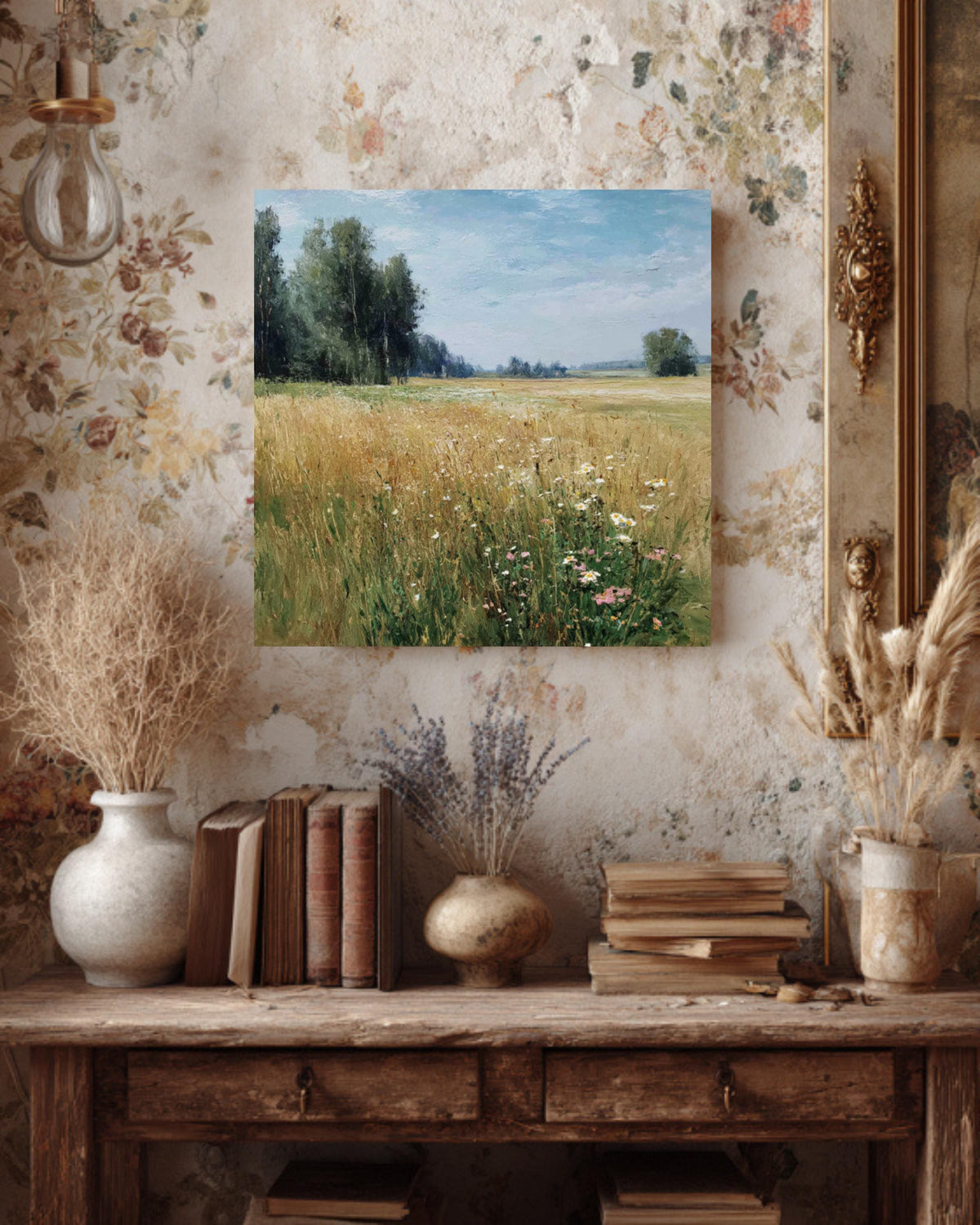 Impressionist Wildflower Meadow Canvas, Sunny Countryside Landscape, Framed Wall Art