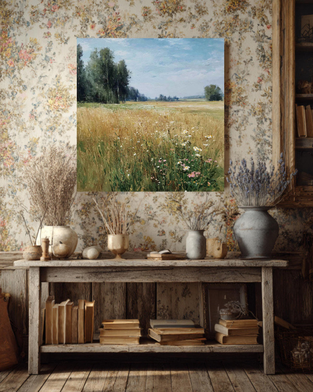 Impressionist Wildflower Meadow Canvas, Sunny Countryside Landscape, Framed Wall Art