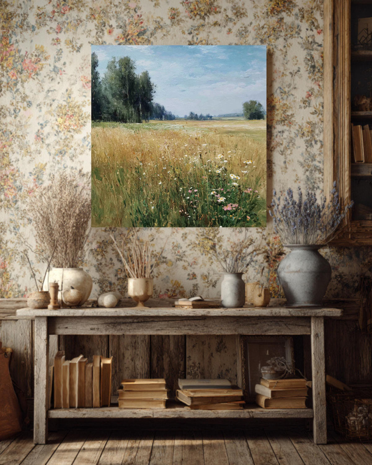 Impressionist Wildflower Meadow Canvas, Sunny Countryside Landscape, Framed Wall Art