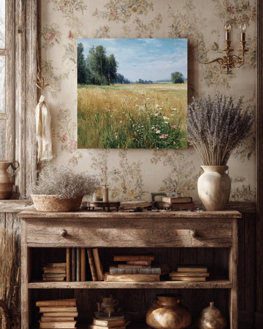 Impressionist Wildflower Meadow Canvas, Sunny Countryside Landscape, Framed Wall Art