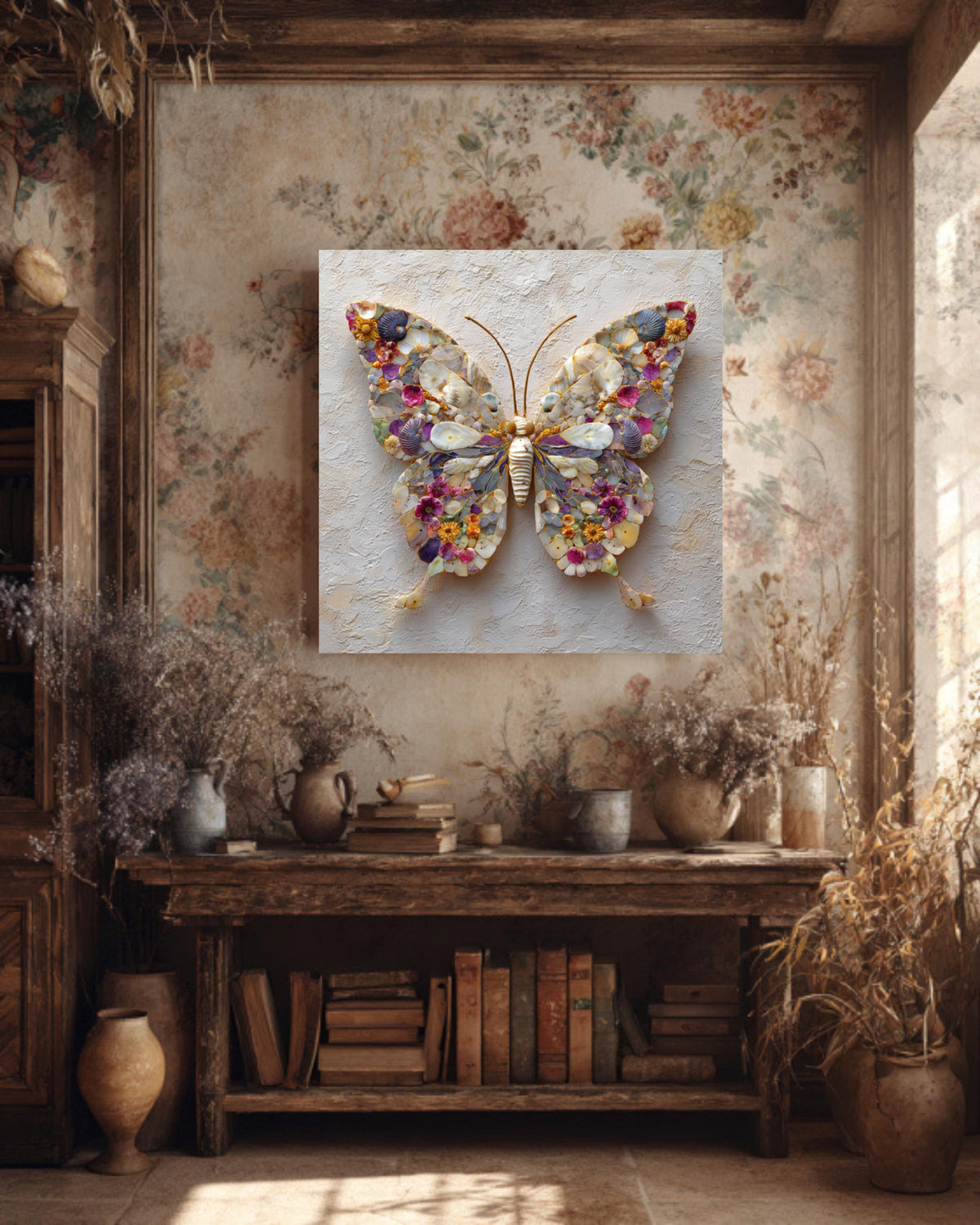 Seashell Butterfly Mosaic Canvas Print, Coastal Nature Wall Art