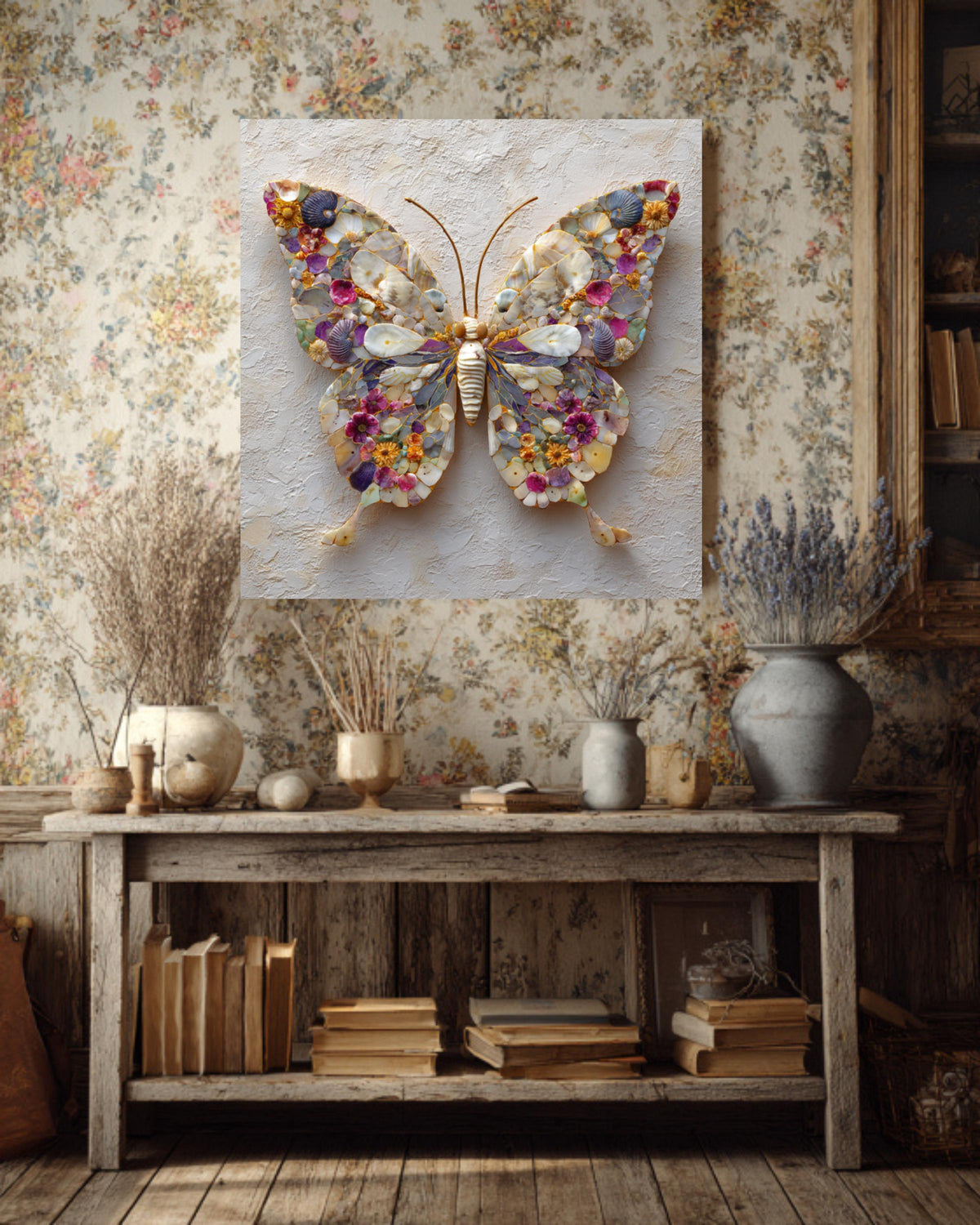 Seashell Butterfly Mosaic Canvas Print, Coastal Nature Wall Art
