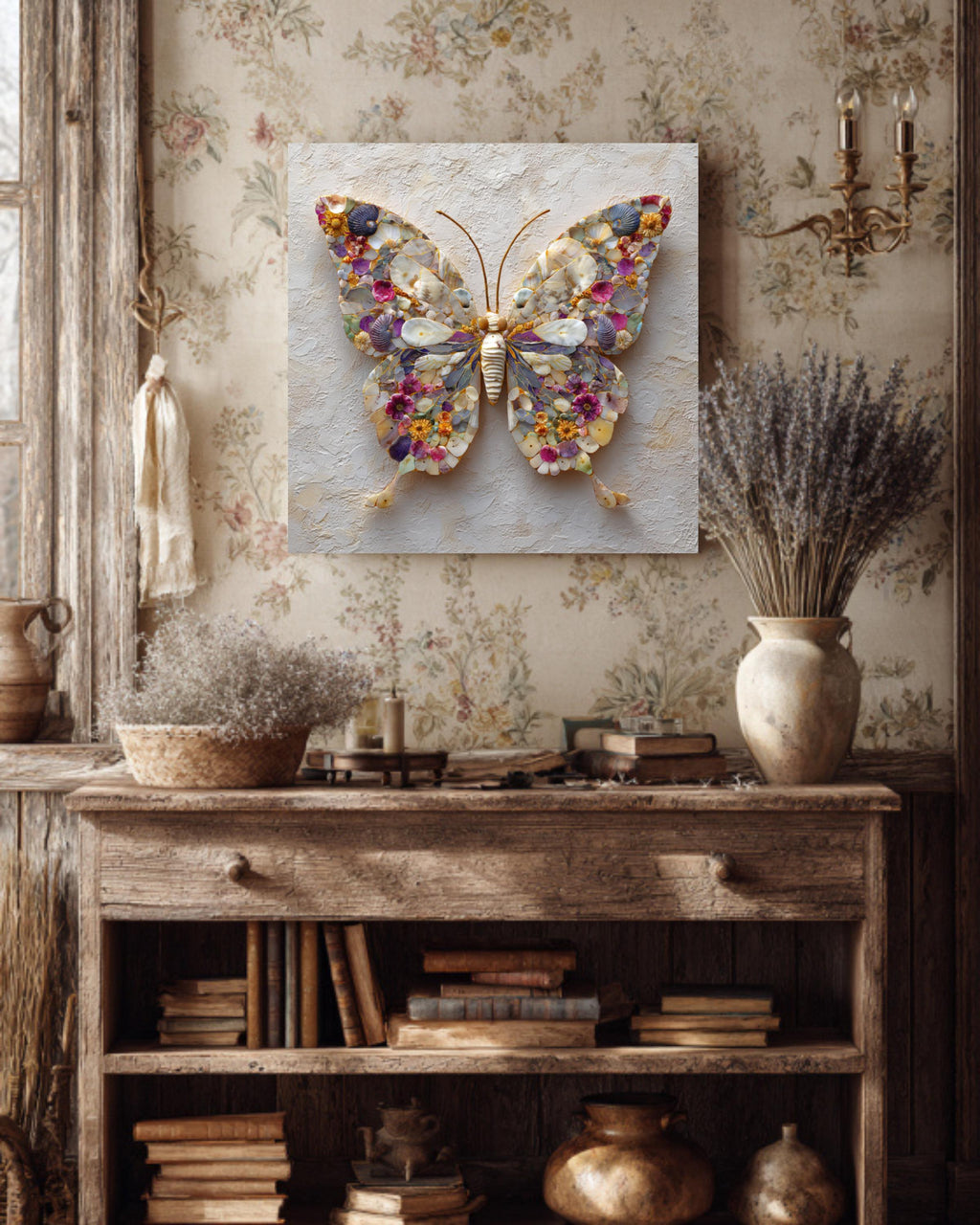 Seashell Butterfly Mosaic Canvas Print, Coastal Nature Wall Art