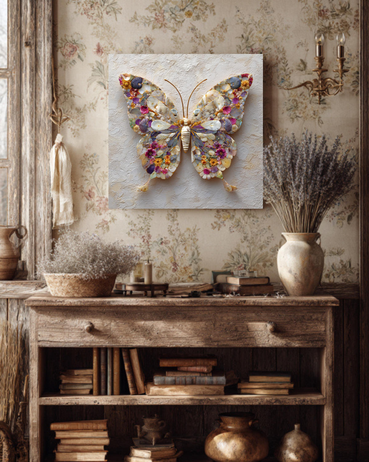 Seashell Butterfly Mosaic Canvas Print, Coastal Nature Wall Art