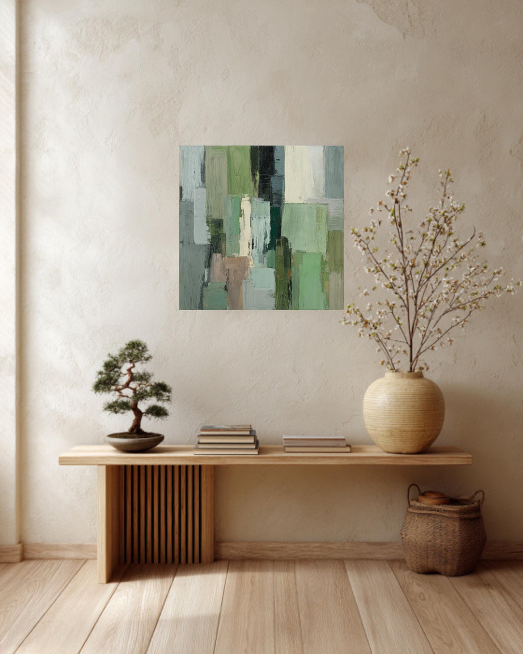 Sage Green Abstract Canvas Art, Modern Geometric Print