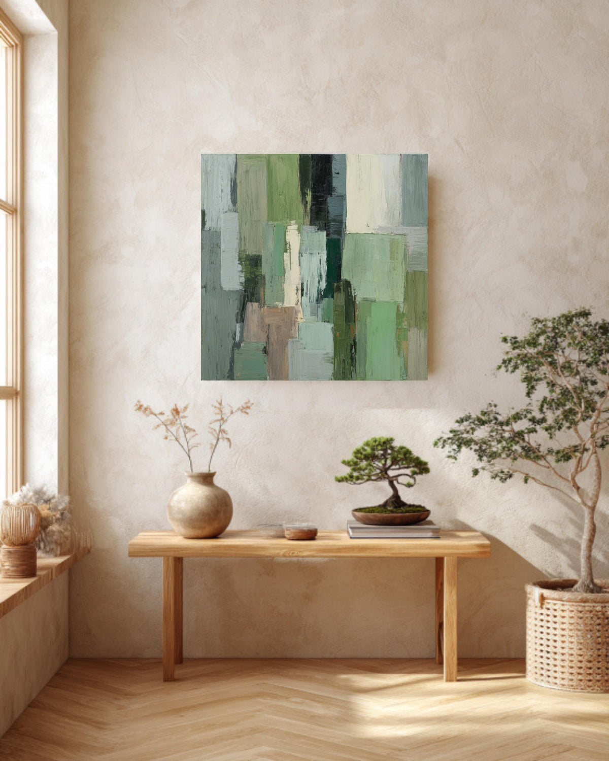 Sage Green Abstract Canvas Art, Modern Geometric Print