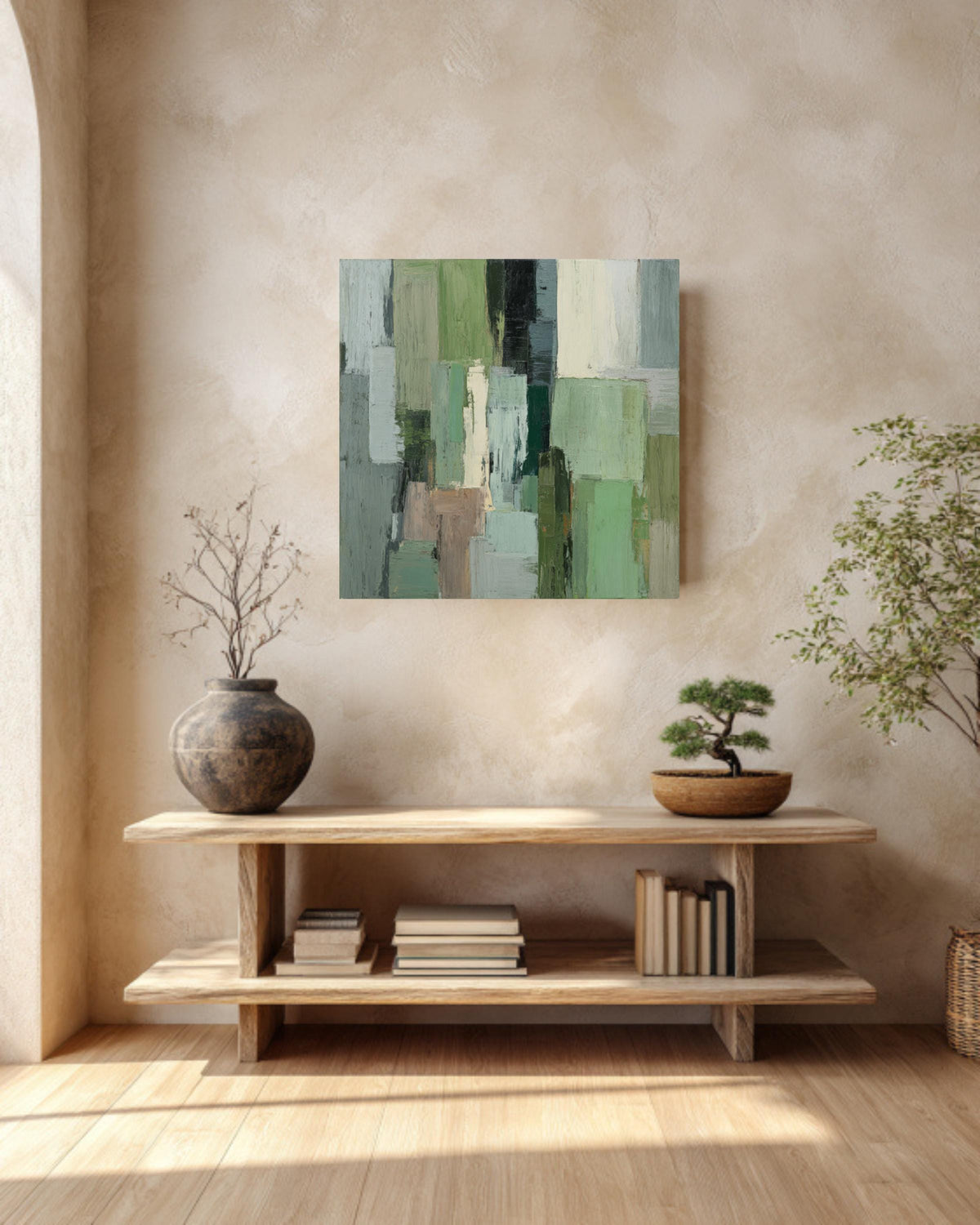 Sage Green Abstract Canvas Art, Modern Geometric Print