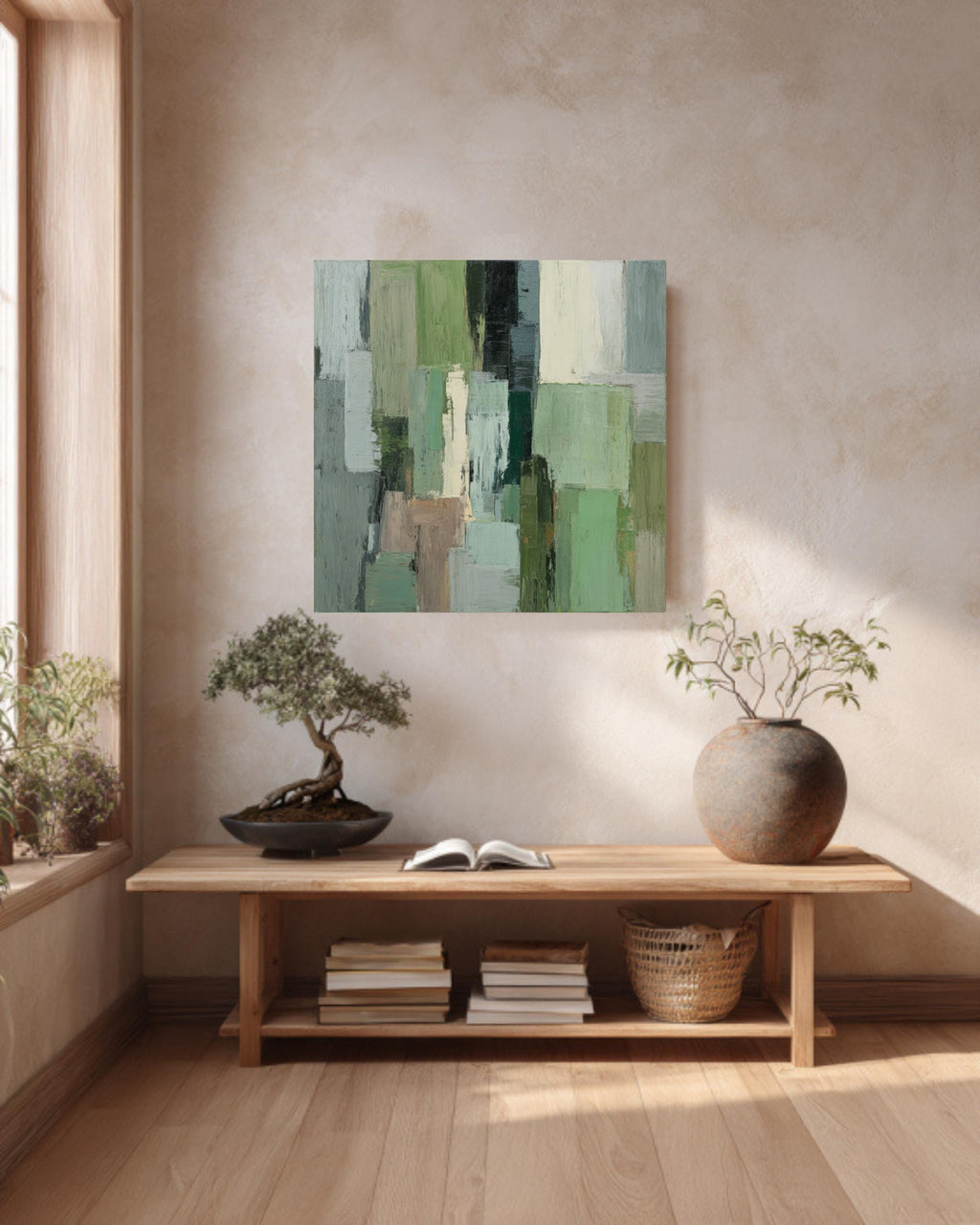 Sage Green Abstract Canvas Art, Modern Geometric Print