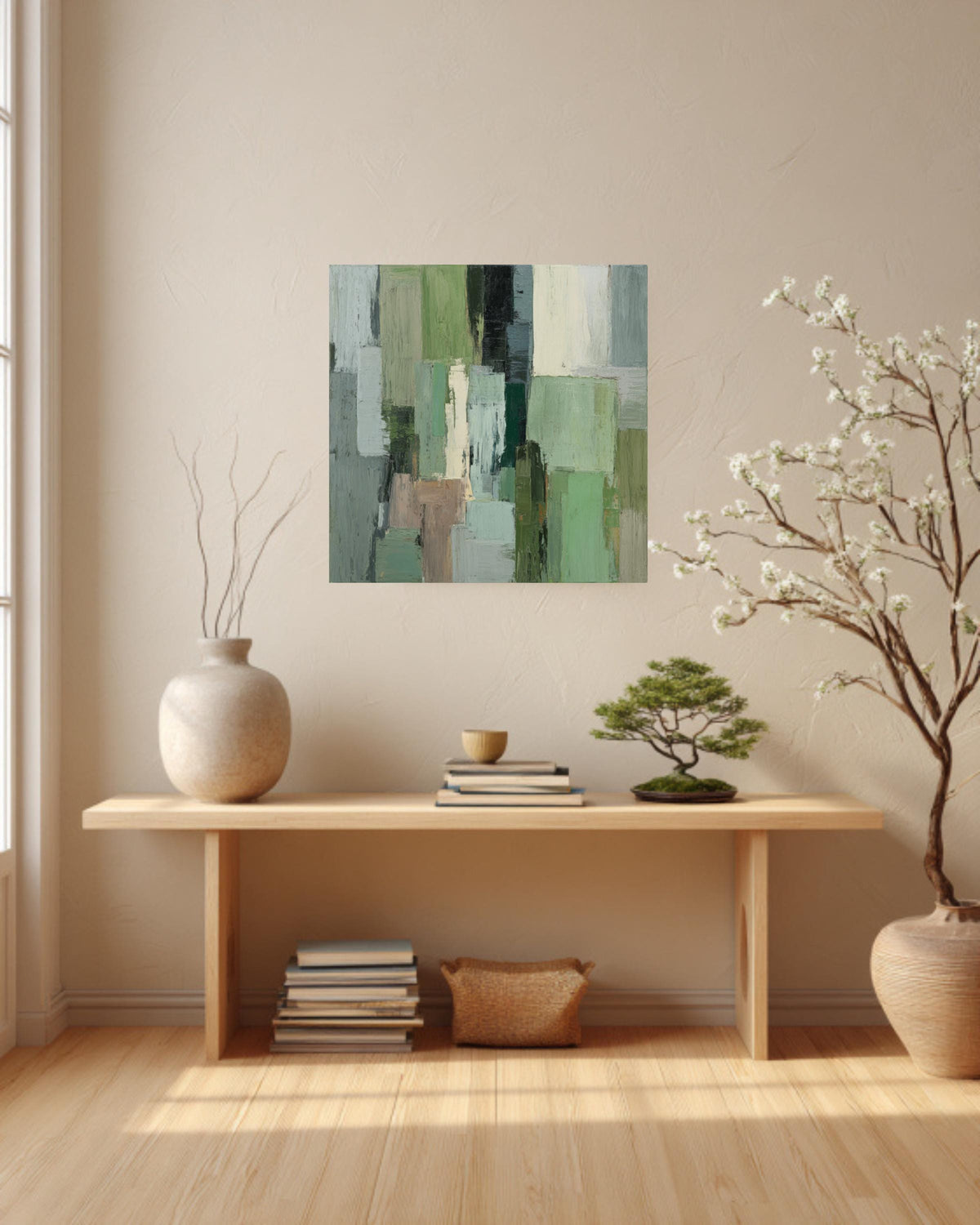 Sage Green Abstract Canvas Art, Modern Geometric Print
