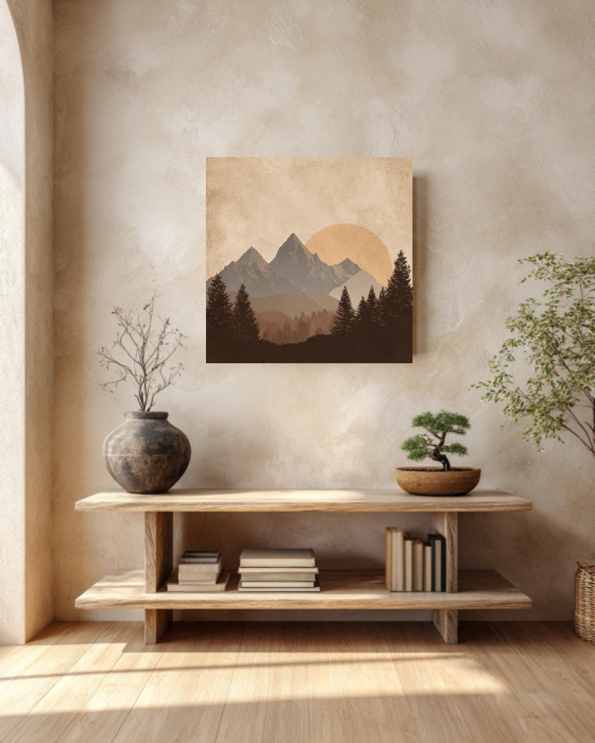 Minimalist Mountain Canvas Art, Sun and Forest Scenery, Mid Century Modern