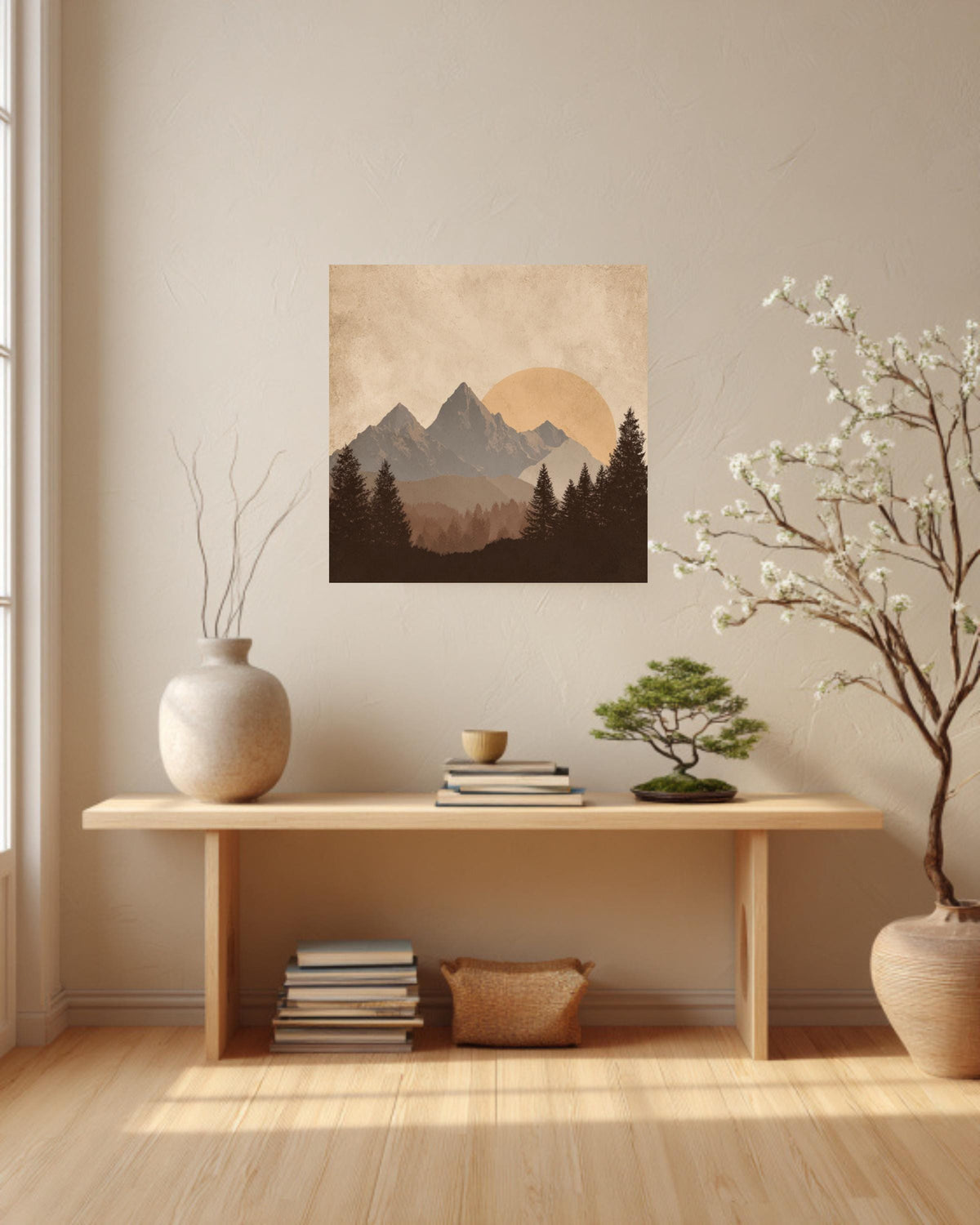 Minimalist Mountain Canvas Art, Sun and Forest Scenery, Mid Century Modern