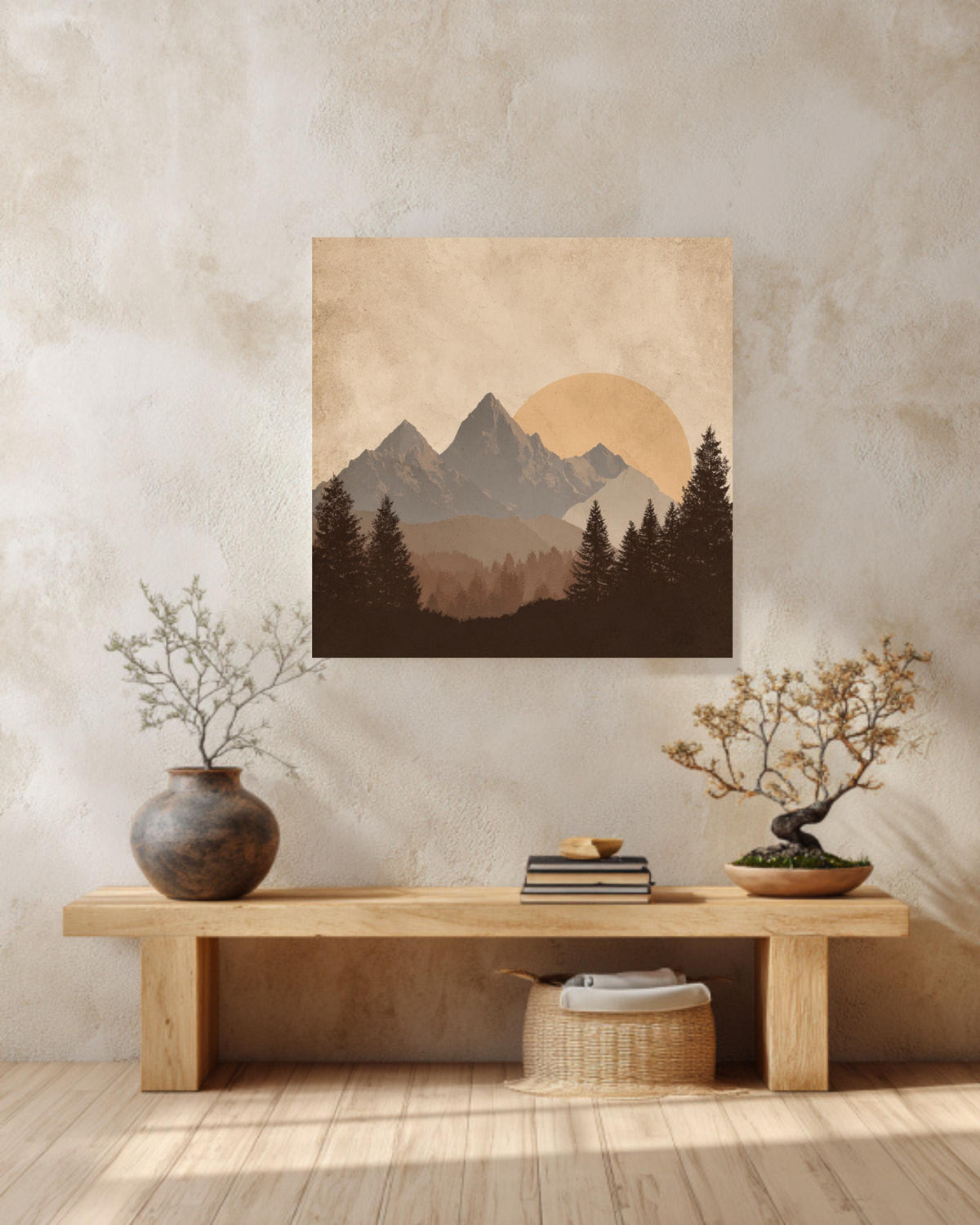 Minimalist Mountain Canvas Art, Sun and Forest Scenery, Mid Century Modern
