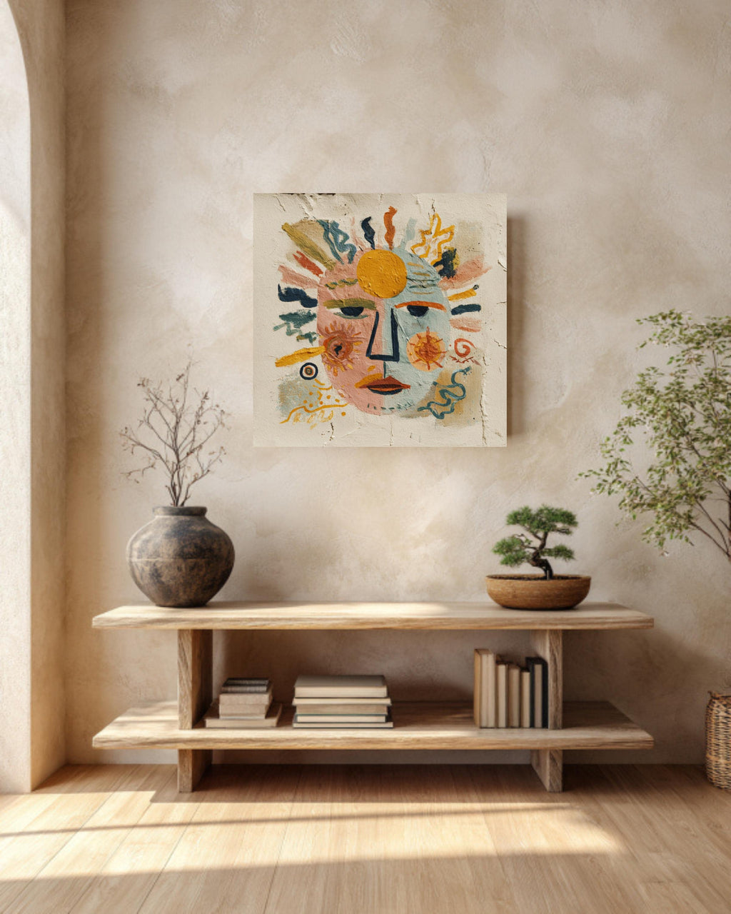 Abstract Face Canvas Art, Sun and Moon Folk Art, Eclectic Decor